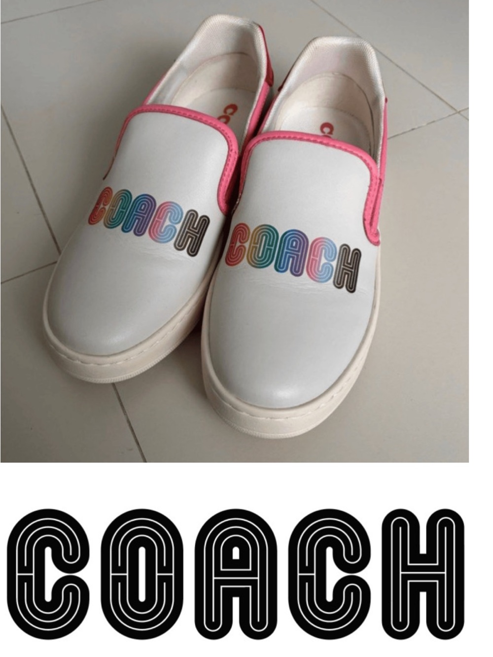 Coach White Slip-On Sneakers with Pink Trim and Rainbow Logo